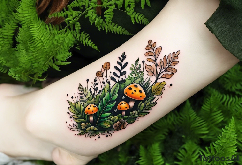 minimalistic forest floor inspired tattoo, which includes grass, moss, curly ferns and dead leaves as the bulk of the tattoo. details to include: forest berries, couple of very small brown mushrooms, a tiny bumblebee flying nearby tattoo idea
