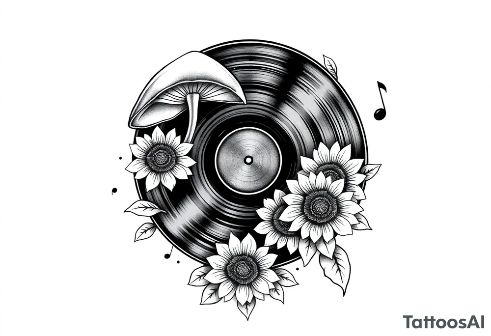 vinyl record player with mushrooms, sunflowers, and music notes around it tattoo idea