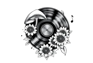 vinyl record player with mushrooms, sunflowers, and music notes around it tattoo idea