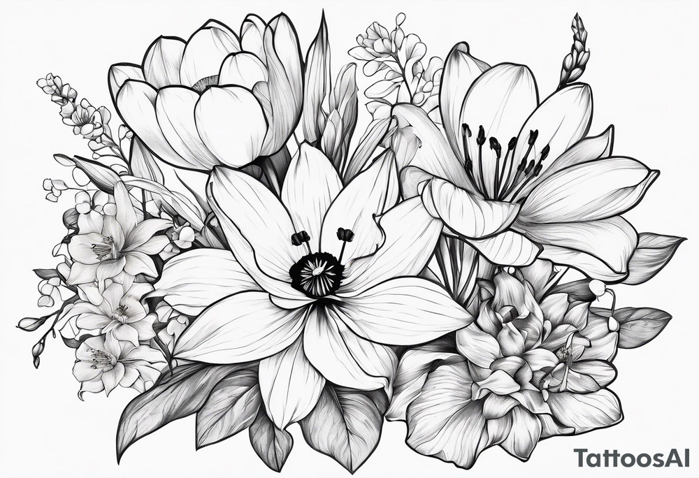 A bouquet of flowers with a water lily, gladiolus, poppy, lily of the valley, daffodil, and a honey suckle with long stems tattoo idea