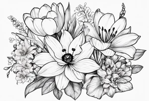 A bouquet of flowers with a water lily, gladiolus, poppy, lily of the valley, daffodil, and a honey suckle with long stems tattoo idea