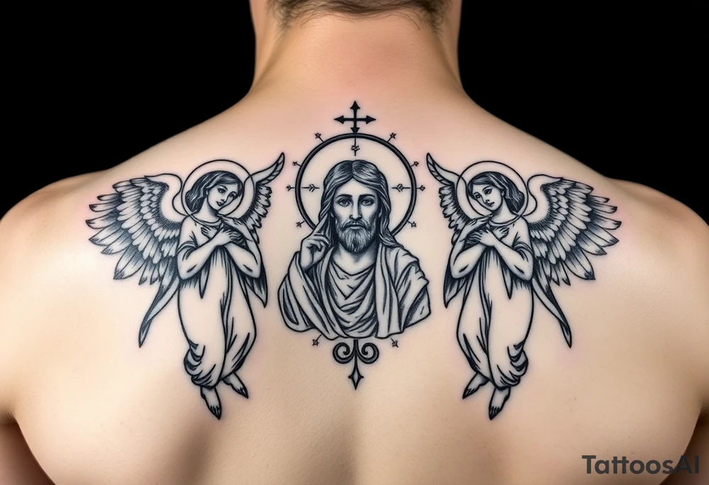 russian orthodox symmetrical guardian angel icon on left and right side of back with both angels holding up a jesus potrait tattoo idea