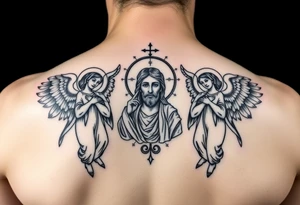russian orthodox symmetrical guardian angel icon on left and right side of back with both angels holding up a jesus potrait tattoo idea