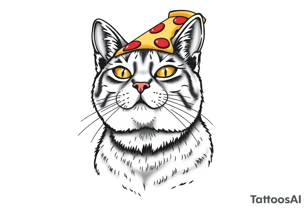 fat grey tabby cat portrait with chessy pizza slice on its head tattoo idea