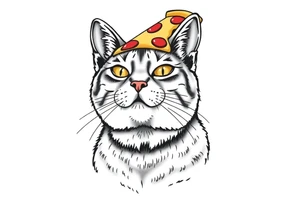 fat grey tabby cat portrait with chessy pizza slice on its head tattoo idea