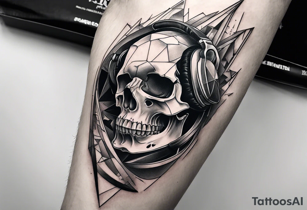 fragmented extreme pain skull elbow on arm tattoo idea