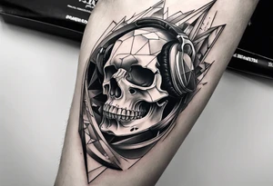 fragmented extreme pain skull elbow on arm tattoo idea
