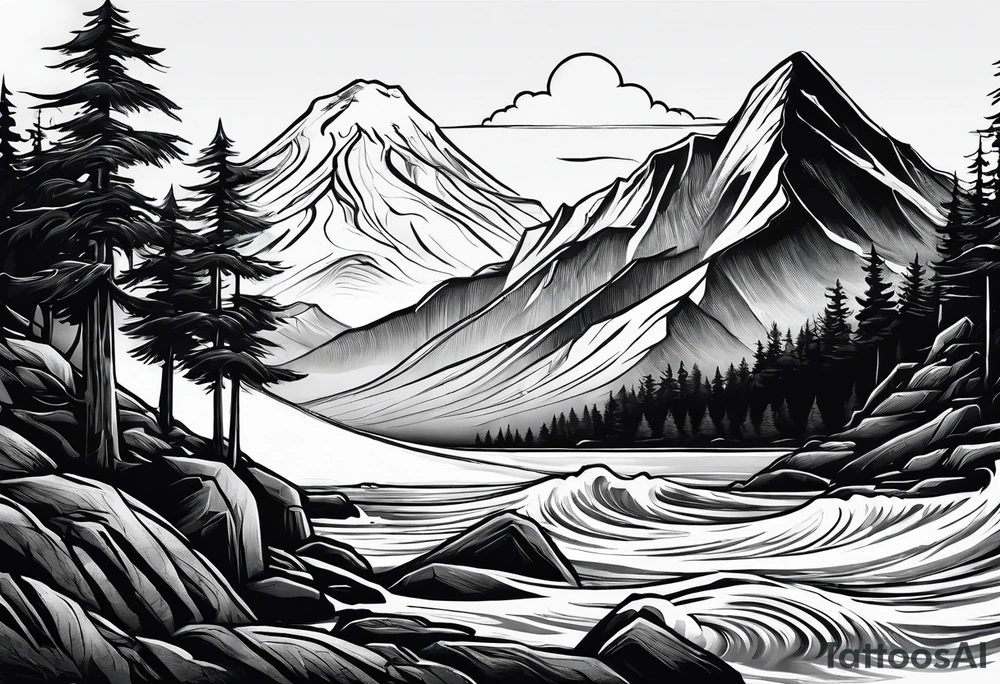 Mountain, engulfed by 2 waves. 3 stars above the mountain, trees at the bottom tattoo idea