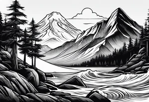 Mountain, engulfed by 2 waves. 3 stars above the mountain, trees at the bottom tattoo idea