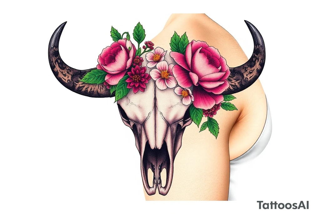 Buffalo skull with flowers. Peony, snowdrop, holly with berries, larkspur, peony. Colour. For upper arm. Masculin. tattoo idea