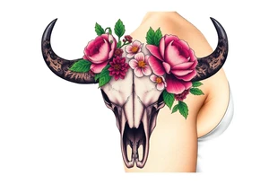 Buffalo skull with flowers. Peony, snowdrop, holly with berries, larkspur, peony. Colour. For upper arm. Masculin. tattoo idea