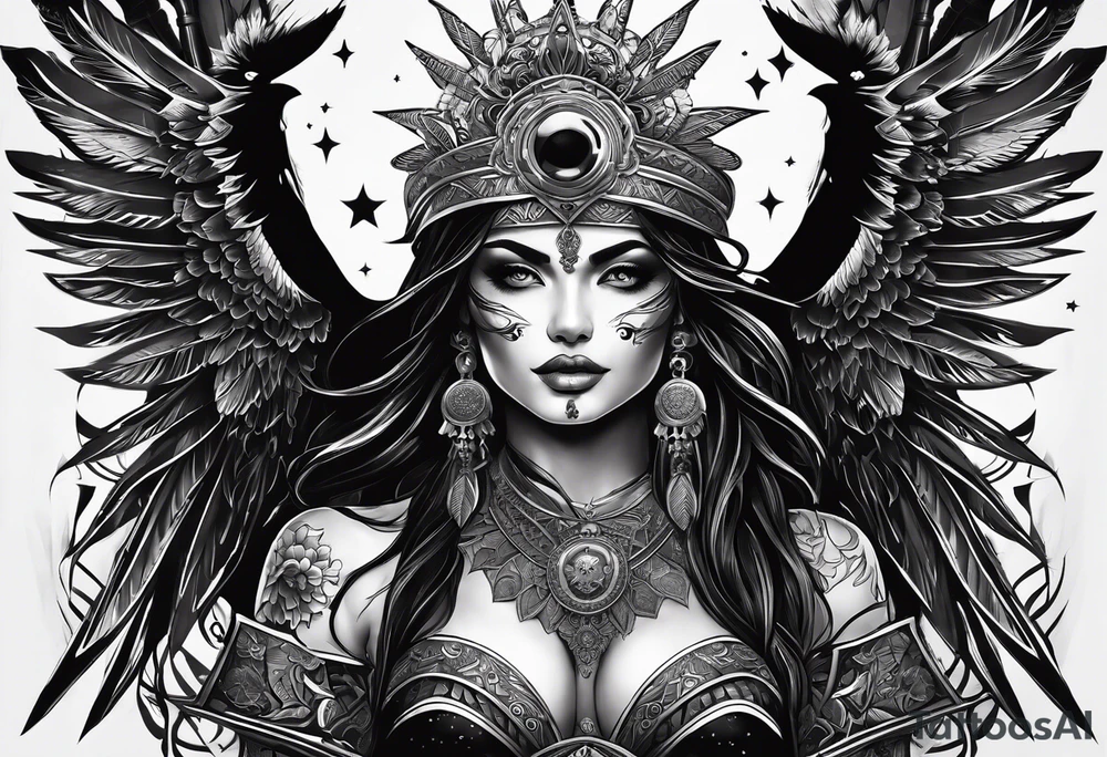 black kali, goddess pirate, alien, pachamama, valkrye, warrior, skull, lotus azul, wing, eagle, zenza resonance, stars, one side chest tattoo idea