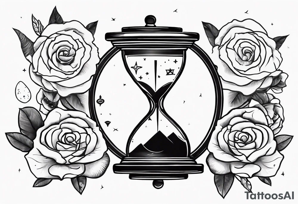 I want a design to print on t-shirts. The design is an hourglass with a wristwatch in the middle with Amazigh numbers, and this watch is surrounded by planets and Ashulk roses. tattoo idea