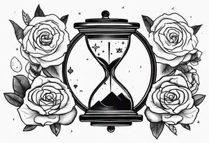 I want a design to print on t-shirts. The design is an hourglass with a wristwatch in the middle with Amazigh numbers, and this watch is surrounded by planets and Ashulk roses. tattoo idea