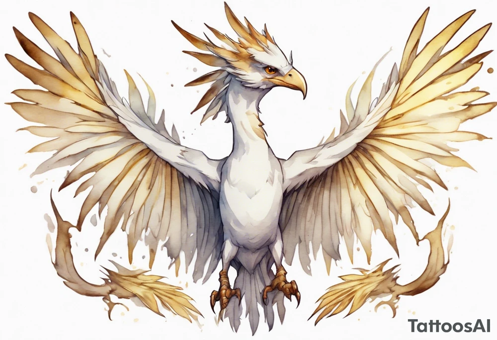 a watercolor of a white bird-wyvern hybrid wearing a plain crown, with light gold wing feathers tattoo idea