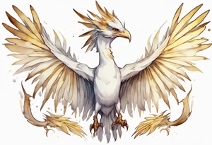 a watercolor of a white bird-wyvern hybrid wearing a plain crown, with light gold wing feathers tattoo idea