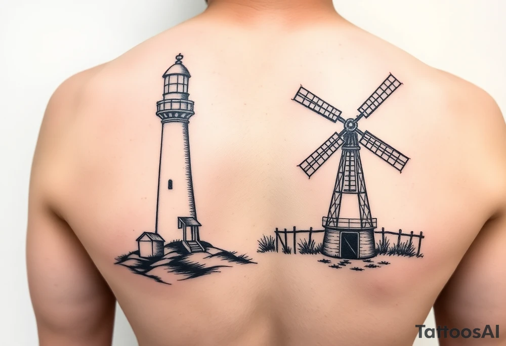 Combine Left half of lighthouse with right half of farm windmill. Simple lines minimalist slightly offset tattoo idea