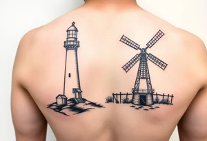 Combine Left half of lighthouse with right half of farm windmill. Simple lines minimalist slightly offset tattoo idea