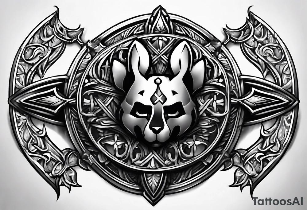 pauldron armor piece with a cross in the center and a paw print tattoo idea