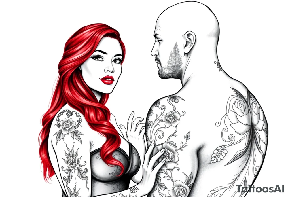 Woman with long red hair and red lipstick with lots of tattoos with  a bald muscular white man with tattoos getting married tattoo idea