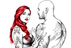 Woman with long red hair and red lipstick with lots of tattoos with  a bald muscular white man with tattoos getting married tattoo idea
