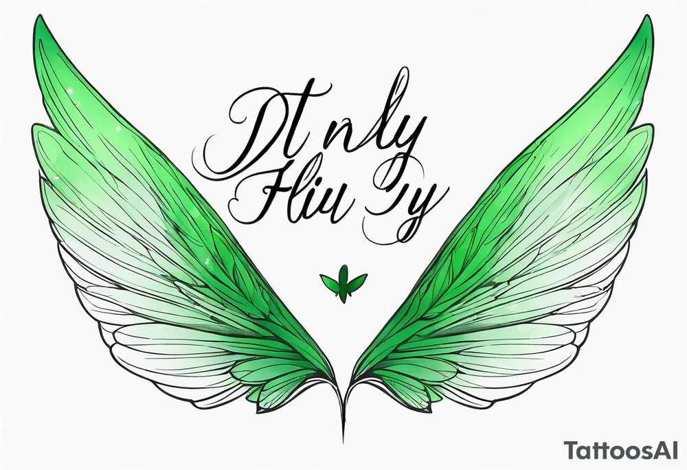 Green fairy wings with text “one day I’ll fly away” tattoo idea