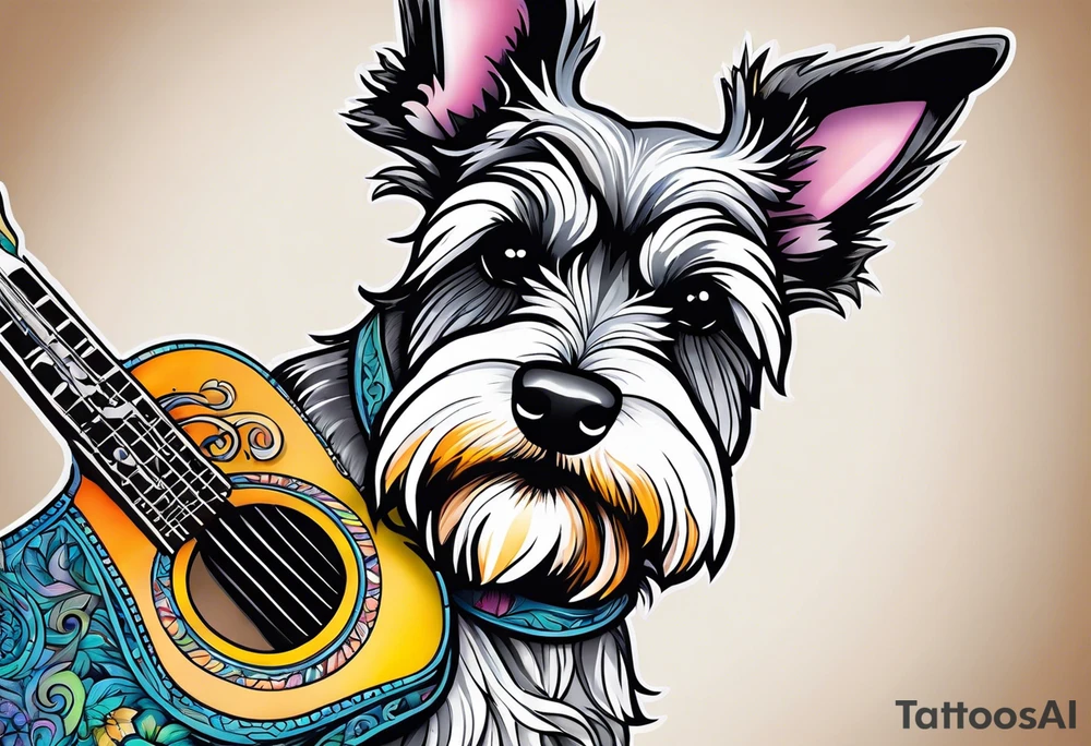 Miniature schnauzer playing guitar tattoo idea