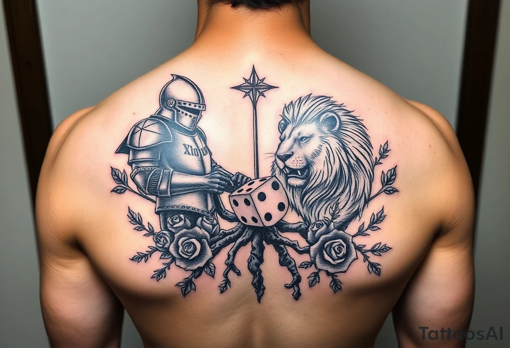 knight and Lion intertwined with tree roots and roses rolling dice tattoo idea