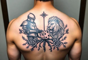 knight and Lion intertwined with tree roots and roses rolling dice tattoo idea