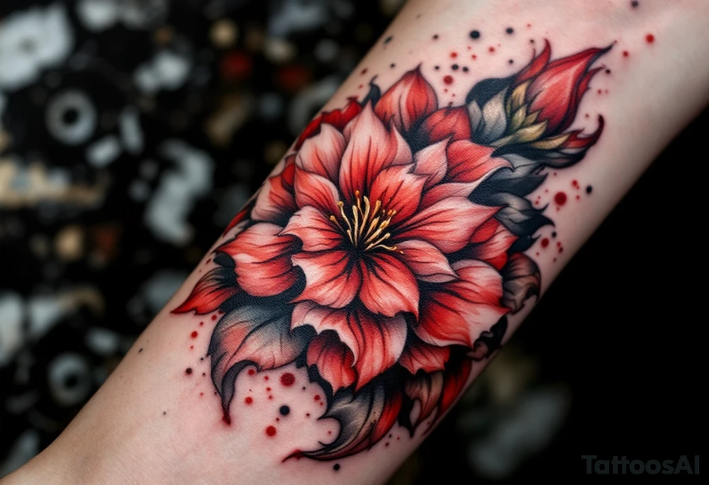 red  and black rhododendron trippy with mandala behind tattoo idea