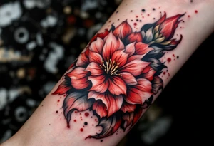 red  and black rhododendron trippy with mandala behind tattoo idea
