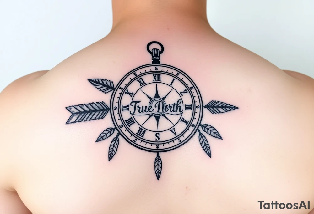 left forearm rustic compass/clock with a native american arrow going thru it and say "True North" tattoo idea