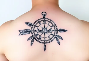 left forearm rustic compass/clock with a native american arrow going thru it and say "True North" tattoo idea