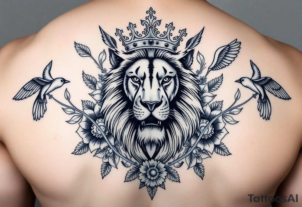 powerful majestic lion with a crown, surrounded by floral ornaments and birds tattoo idea