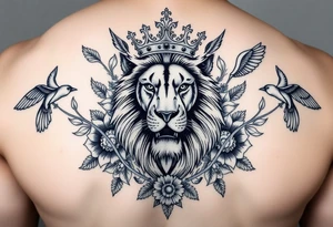 powerful majestic lion with a crown, surrounded by floral ornaments and birds tattoo idea
