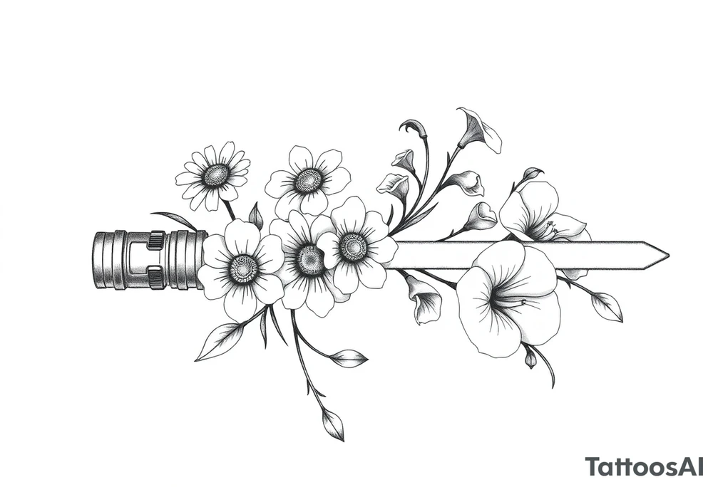 Lightsaber containing daisies, lily of the valley, and morning glories tattoo idea