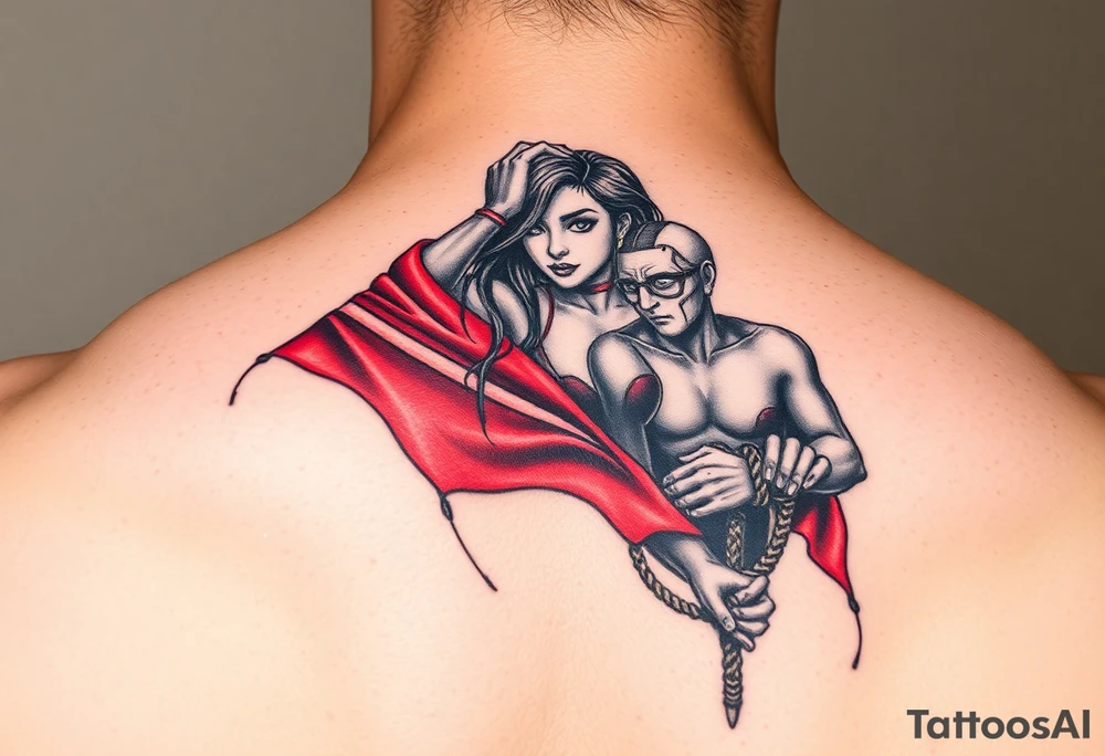 powerful female bdsm domm wearing red with her submissive bound by rope tattoo idea
