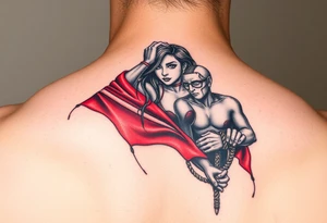 powerful female bdsm domm wearing red with her submissive bound by rope tattoo idea