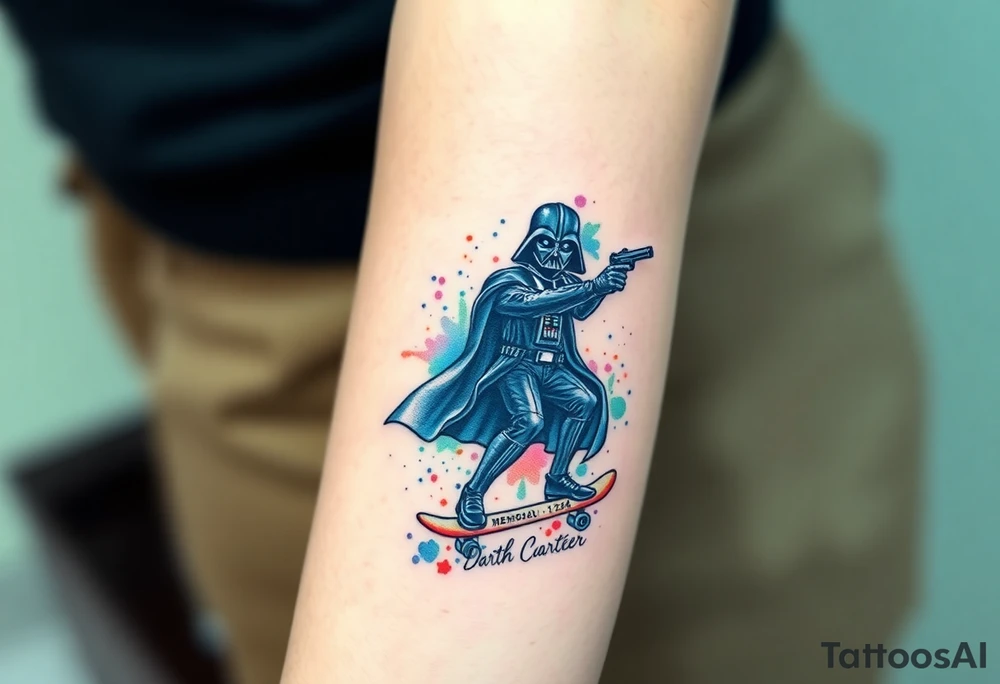 Darth Vader skateboarding with gun> bullets > memorial > god > colors > futuristic/space/star wars
add name "Darth Carter" on skateboard
add date 12/29/88-01/06/24 tattoo idea