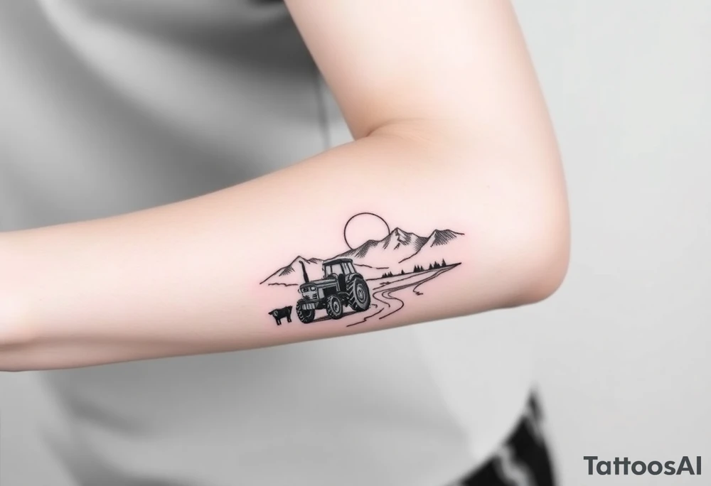 mountain, road, vantage tractor, cow, sunset tattoo idea