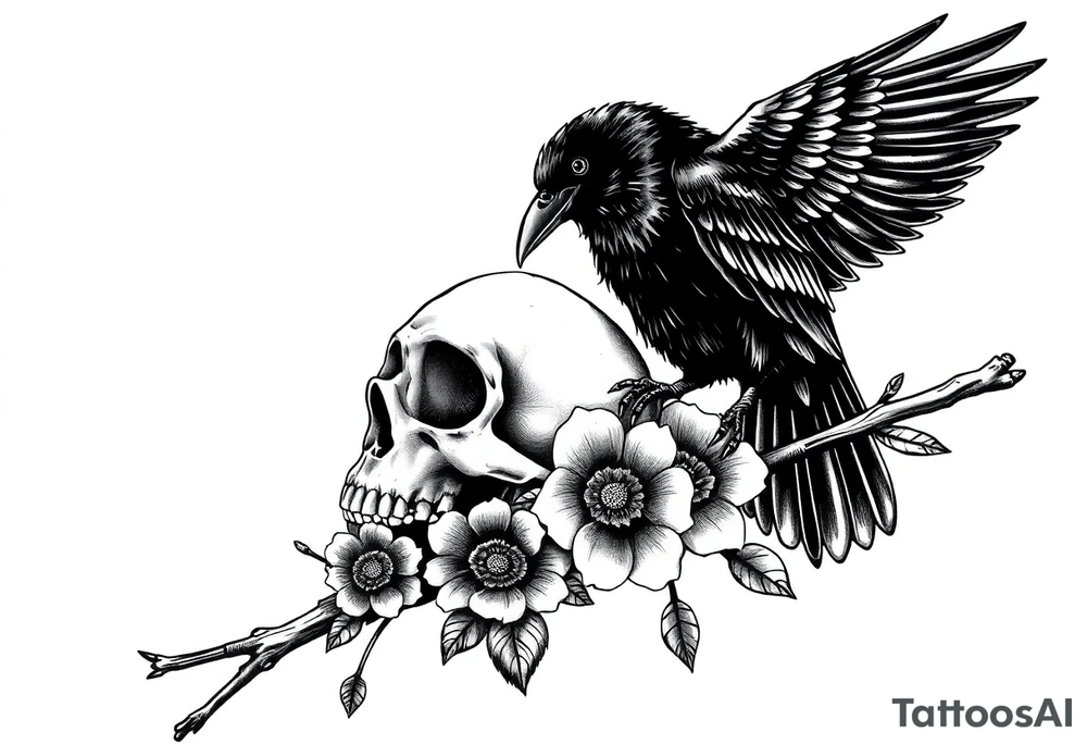 raven looking over its shoulder on a branch skull and clock and flower tattoo idea
