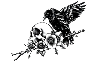 raven looking over its shoulder on a branch skull and clock and flower tattoo idea