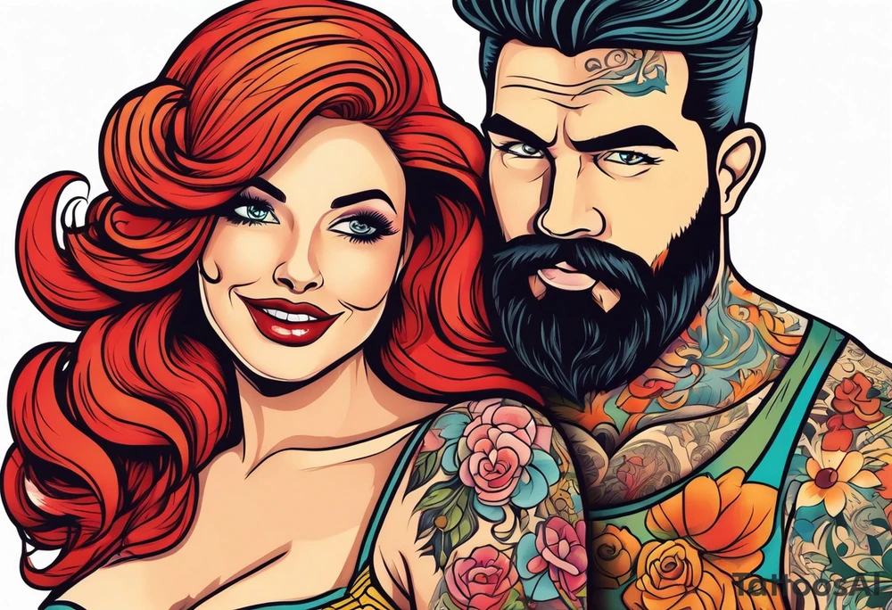 Busty Red haired woman with black haired bearded man tattoo idea