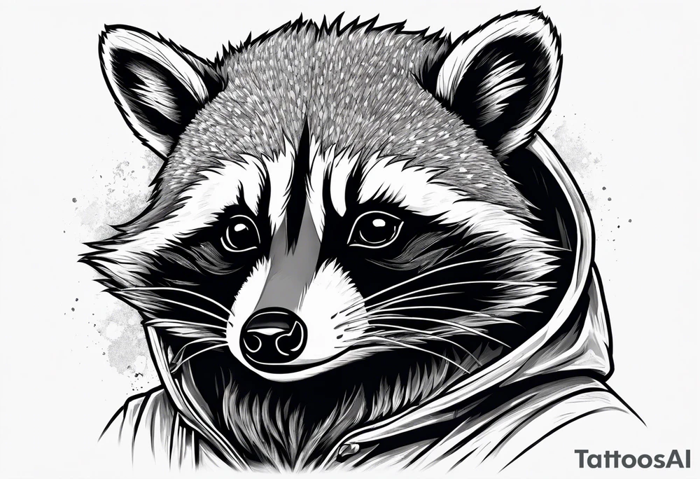 Raccoon wearing an orange Superman hoodie tattoo idea