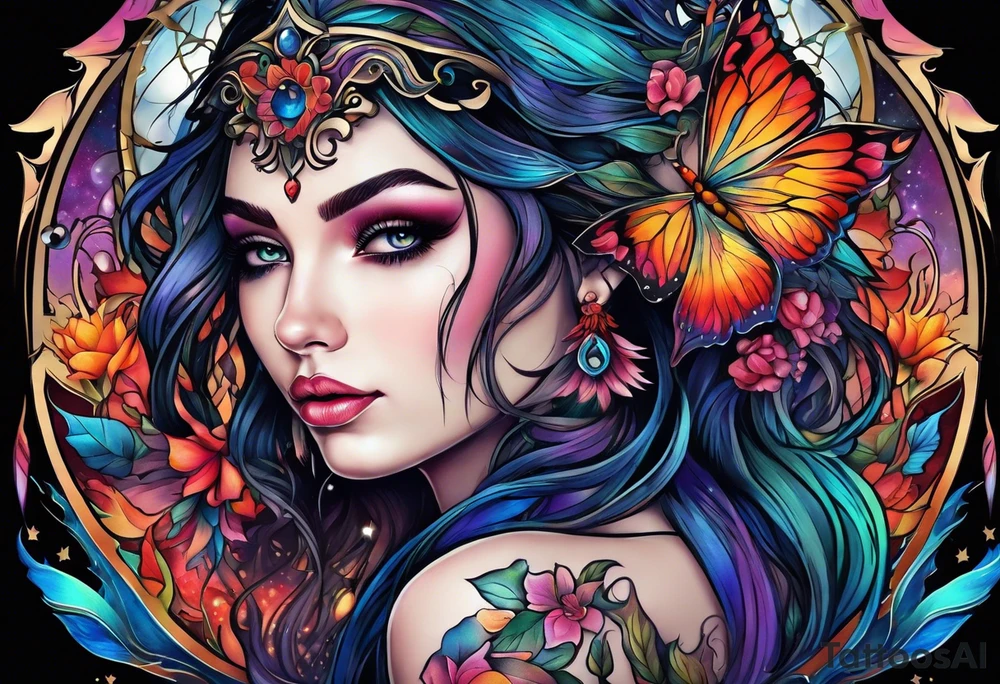 A fairy/witch with a Lot of collors, make It look mystic and really colorful tattoo idea