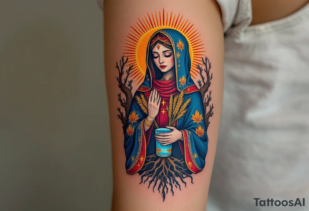 Mokosh – A richly detailed woman in Slavic robes of blue and red, holding wheat and water, framed by earthy brown tree roots and golden rays. tattoo idea
