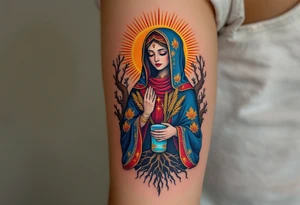 Mokosh – A richly detailed woman in Slavic robes of blue and red, holding wheat and water, framed by earthy brown tree roots and golden rays. tattoo idea