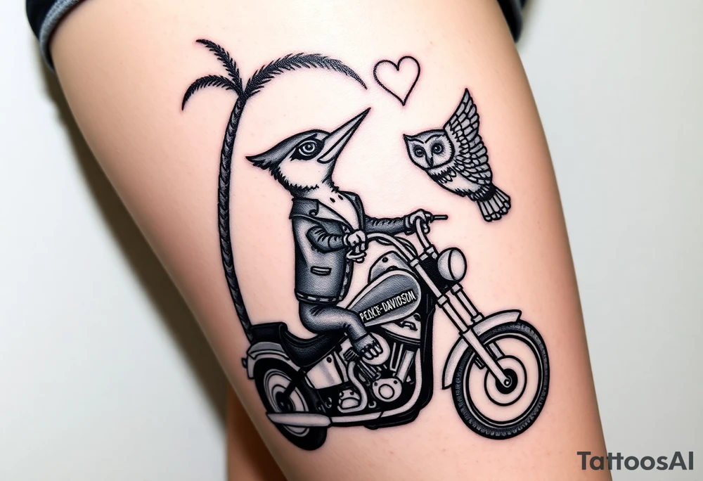 Woody the woodpecker wearing a leather vest that says peckerwoods, on a Harley Davidson under a palm tree, gazing in love at a barn owl tattoo idea