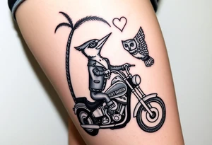 Woody the woodpecker wearing a leather vest that says peckerwoods, on a Harley Davidson under a palm tree, gazing in love at a barn owl tattoo idea