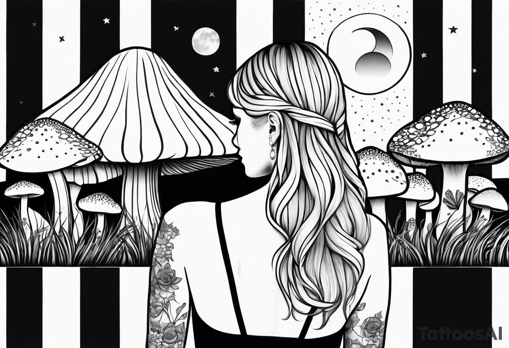 Straight blonde hair girl facing away toward mountains surrounded by mushrooms crescent moon circular design black and white striped dress tattoo idea